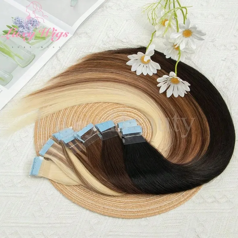 In evidenza Mini nastro marrone nelle estensioni dei capelli umani Mini nastro invisibile senza cuciture su doppio lato biondo nero naturale nei capelli 10 pezzi — image 6