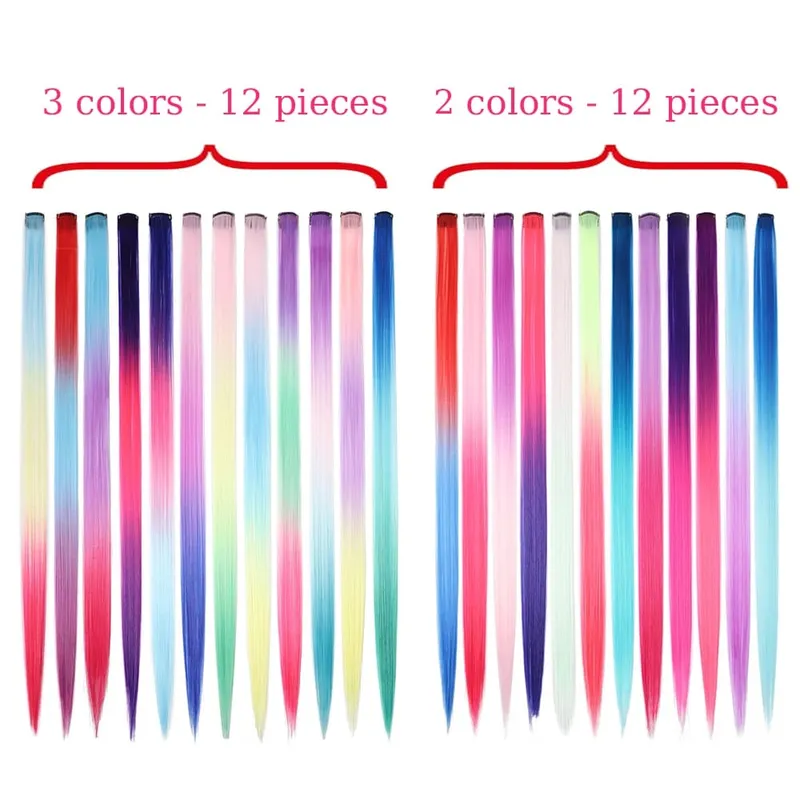 20 inci patchwork 3 warna sintetik klip tunggal warna pelangi sambungan rambut sambungan rambut 24 warna untuk kanak-kanak perempuan hadiah percutian — image 5