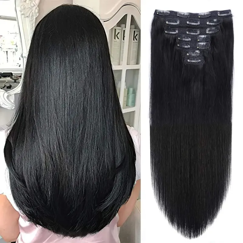 Clip de cheveux humains droits dans les extensions de cheveux 100% non transformés pleine tête cheveux vierges brésiliens couleur noire naturelle 8 pièces avec 120G — image 1
