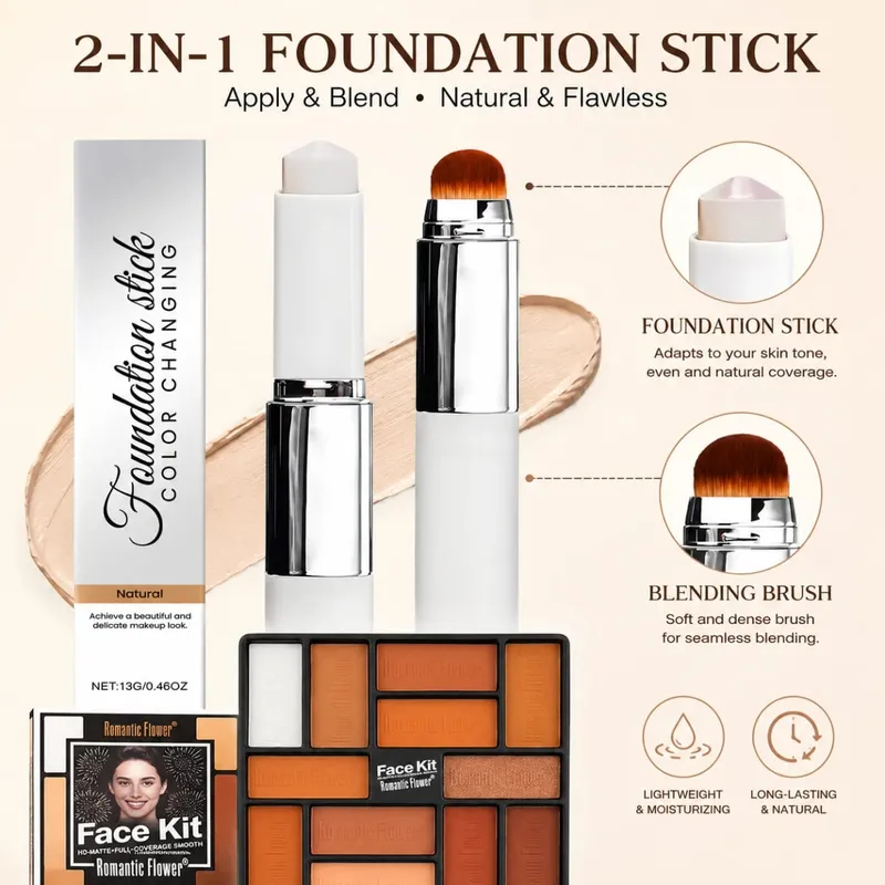 2-in-1-Foundation-Stick mit Farbanpassung, Mischpinsel und warmer Lidschattenpalette, Make-up-Set. Beauty-Set für Einsteiger — image 2