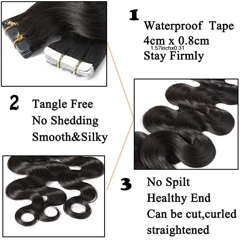 Body Wave เทปต่อผม Extensions 100% เวียดนามผมมนุษย์สีดำธรรมชาติที่มองไม่เห็นเทปสำหรับผู้หญิง 16-26 นิ้ว — image 3