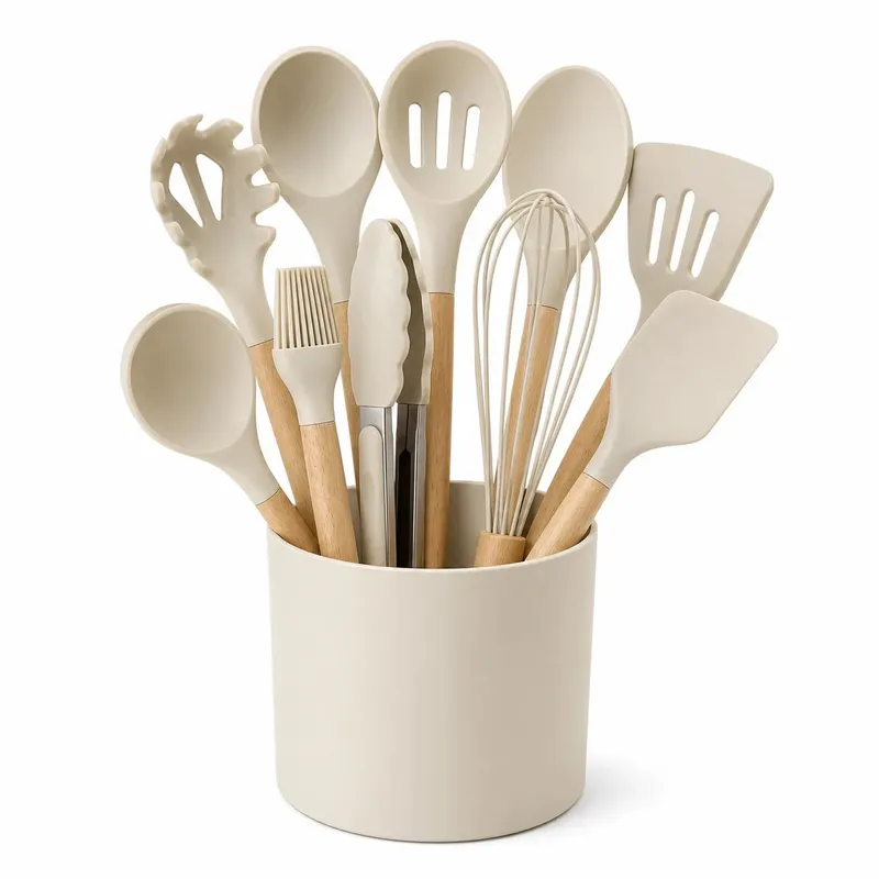 12PCS Set Perkakas Dapur Silikon dengan Pemegang - Set Alat Memasak Pemegang Kayu Tahan Panas Tahan Panas dengan Spatula Pemukul Penyepit & Sudu untuk Keperluan Rumah — image 1