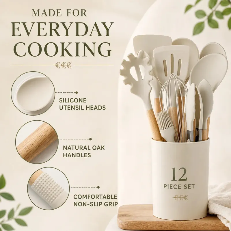 12PCS Set Perkakas Dapur Silikon dengan Pemegang - Set Alat Memasak Pemegang Kayu Tahan Panas Tahan Panas dengan Spatula Pemukul Penyepit & Sudu untuk Keperluan Rumah — image 2