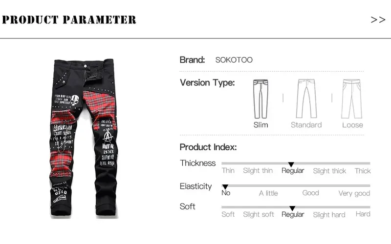 Jeans Tambal Sulam Tartan Kotak-kotak Merah Skotlandia Pria Celana Denim Hitam Tambalan Keling Punk Celana Panjang Lurus Ramping Cetak Huruf Tengkorak — image 8