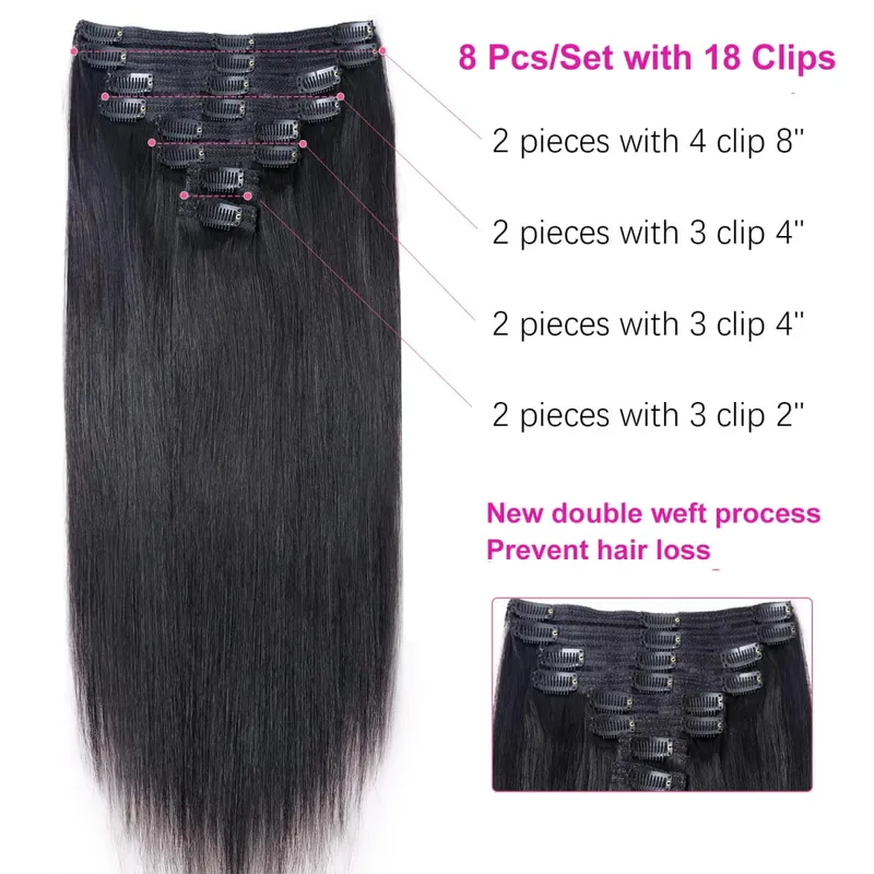 Gerade Clip-in-Echthaarverlängerungen, braune, unverarbeitete Haarverlängerungen, voller Kopf, brasilianisches Haar, nahtlose Clip-Ins-Verlängerung — image 5