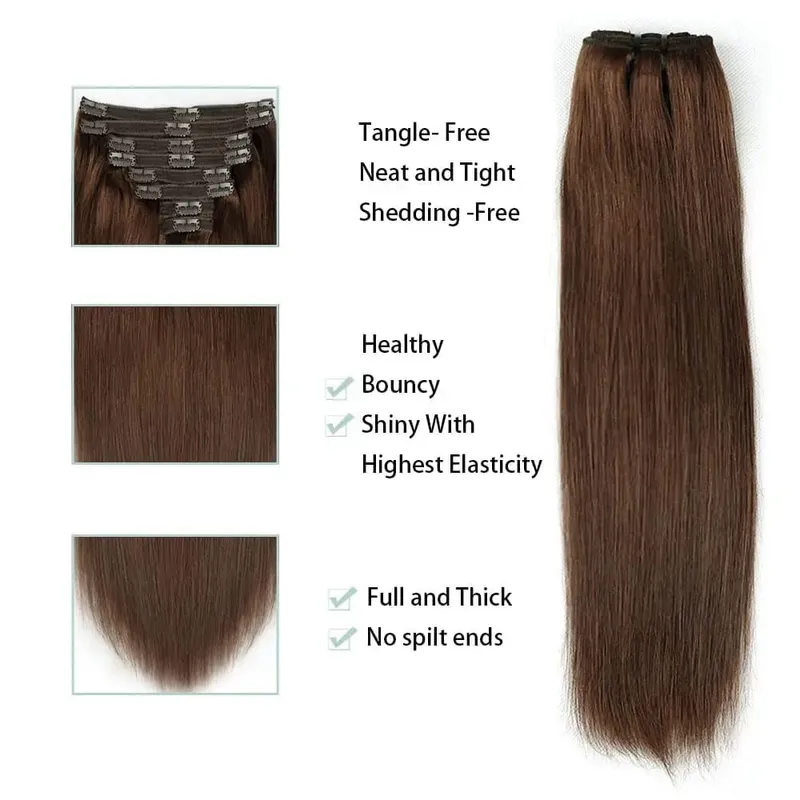 Clip de cheveux humains droits dans les extensions de cheveux 100% non transformés pleine tête cheveux vierges brésiliens couleur noire naturelle 8 pièces avec 120G — image 5