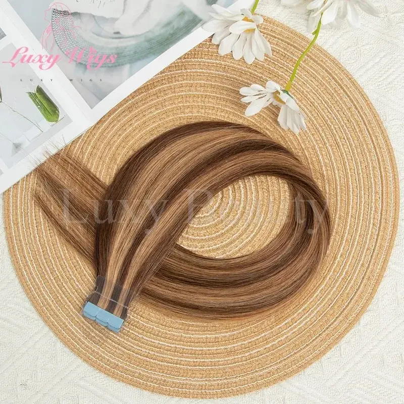 In evidenza Mini nastro marrone nelle estensioni dei capelli umani Mini nastro invisibile senza cuciture su doppio lato biondo nero naturale nei capelli 10 pezzi — image 4