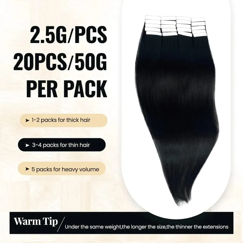 Gerade Tape-in-Haarverlängerungen, selbstklebend, unsichtbar, nahtlos, 100 % Echthaar, 20 Stück/50 g, austauschbares Klebeband, natürliches Schwarz — image 5