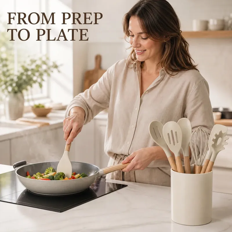12PCS Set Perkakas Dapur Silikon dengan Pemegang - Set Alat Memasak Pemegang Kayu Tahan Panas Tahan Panas dengan Spatula Pemukul Penyepit & Sudu untuk Keperluan Rumah — image 5