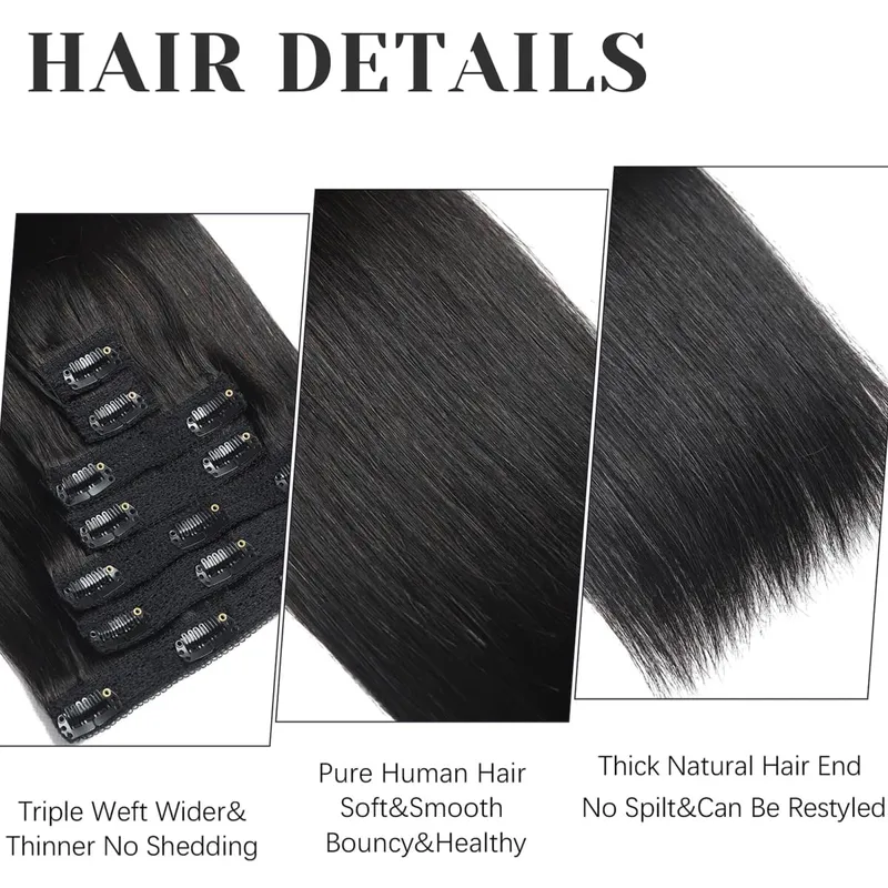 Clip de cheveux humains droits dans les extensions de cheveux 100% non transformés pleine tête cheveux vierges brésiliens couleur noire naturelle 8 pièces avec 120G — image 3