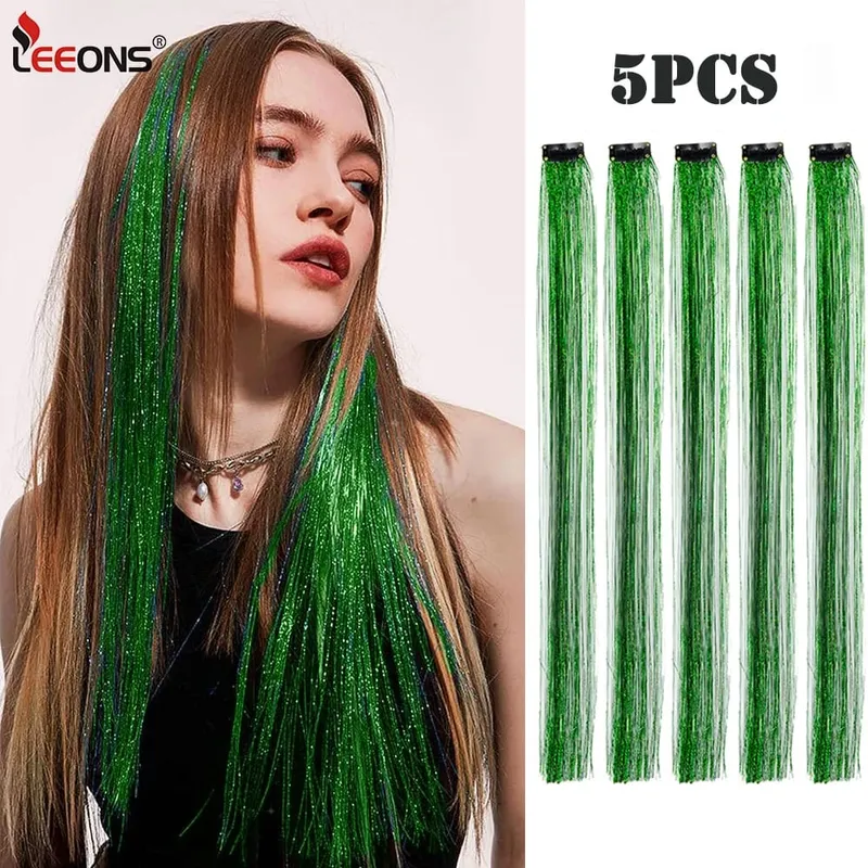 ขายส่ง 5 ชิ้น/แพ็คประกายเงาต่อผมคลิปใน Sparkle ผมเงา Tinsel Rainbow Shiny Sparkle ผม Tinsel สีชมพู/ สีแดง — image 2