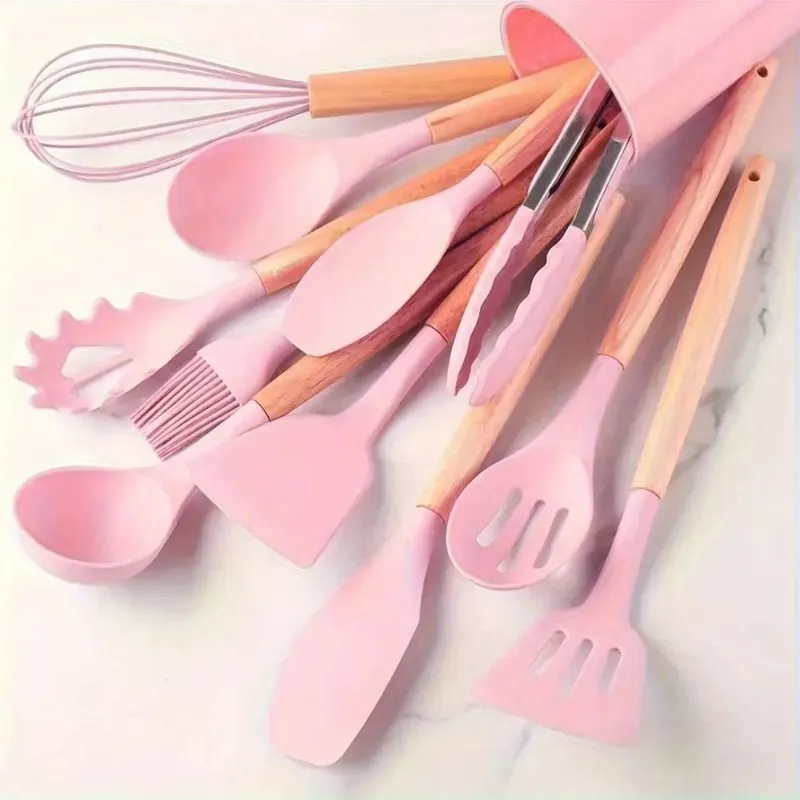 12PCS Set Perkakas Dapur Silikon dengan Pemegang - Set Alat Memasak Pemegang Kayu Tahan Panas Tahan Panas dengan Spatula Pemukul Penyepit & Sudu untuk Keperluan Rumah — image 8