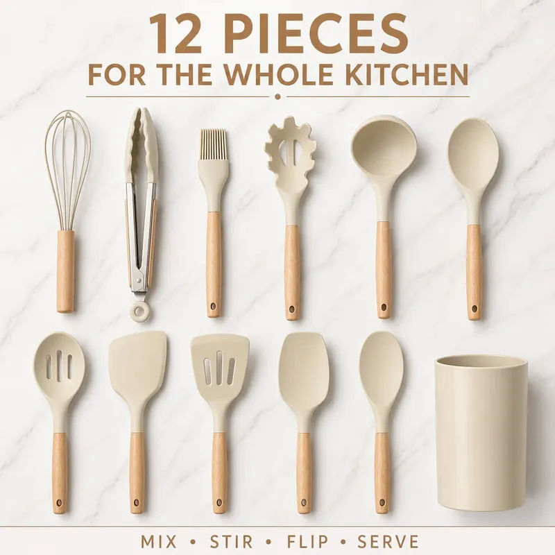 12PCS Set Perkakas Dapur Silikon dengan Pemegang - Set Alat Memasak Pemegang Kayu Tahan Panas Tahan Panas dengan Spatula Pemukul Penyepit & Sudu untuk Keperluan Rumah — image 6