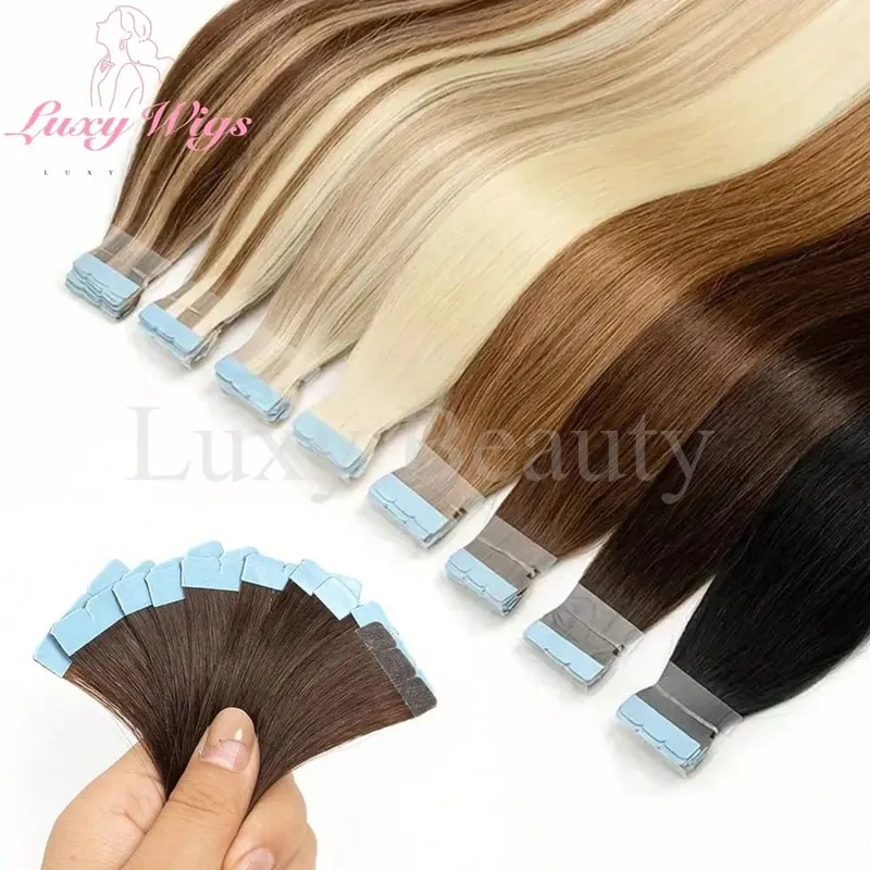 In evidenza Mini nastro marrone nelle estensioni dei capelli umani Mini nastro invisibile senza cuciture su doppio lato biondo nero naturale nei capelli 10 pezzi — image 5