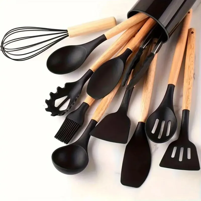 12PCS Set Perkakas Dapur Silikon dengan Pemegang - Set Alat Memasak Pemegang Kayu Tahan Panas Tahan Panas dengan Spatula Pemukul Penyepit & Sudu untuk Keperluan Rumah — image 11
