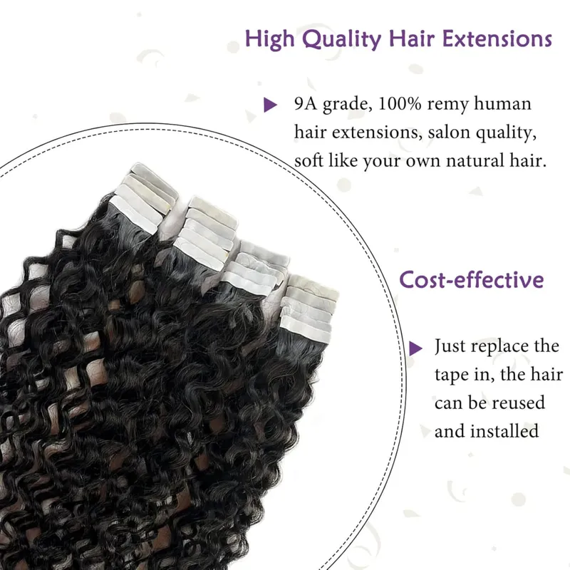 Nastro a onde profonde nelle estensioni dei capelli Capelli umani 20 pezzi Nastro biadesivo invisibile Estensione dei capelli 50 g/pacco Nastro per capelli umani Remy Ins — image 4