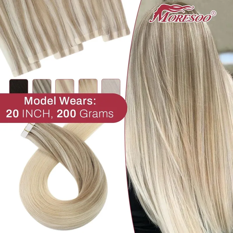 Przedłużanie włosów na taśmie wtryskowej Moresoo Popielaty blond Podkreśla dziewicze włosy Naturalna prosta brazylijska taśma w przedłużaniu ludzkich włosów — image 1