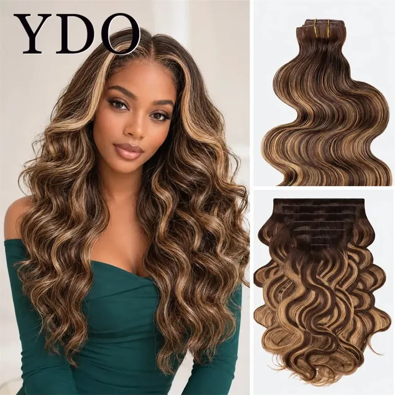 Clip en polyuréthane vague de corps dans les Extensions de cheveux humains mettre en évidence Blonde 4/27 non transformés pince à cheveux humains vierges brésiliens bruts Ins pour les femmes