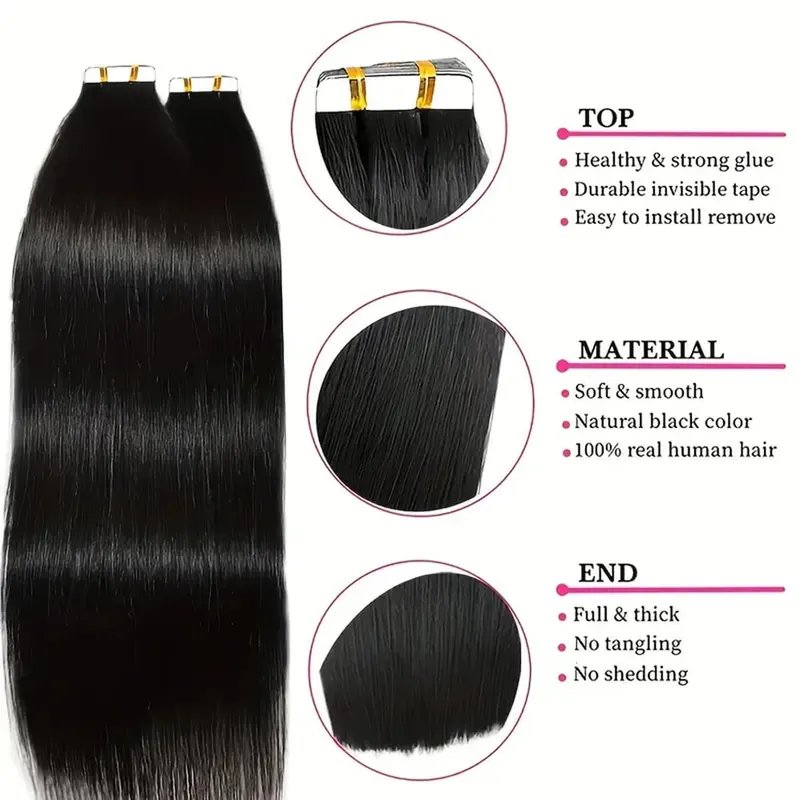 20pcs เทปต่อผมมนุษย์ตรงที่มองไม่เห็นไม่มีรอยต่อสีดำธรรมชาติ 100% บราซิลผมมนุษย์เทป Ins Hair Extensions — image 3