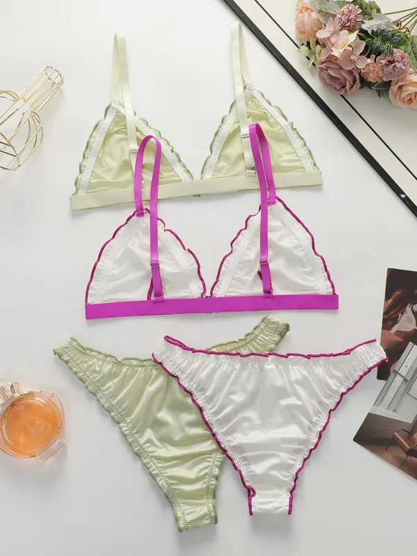 2Set Set Lingerie Segitiga Satin Wanita Bra Penutup Depan Nirkabel dengan Bra dan Celana Dalam Lembut Nyaman dengan Potongan Ruffle untuk Sehari-hari