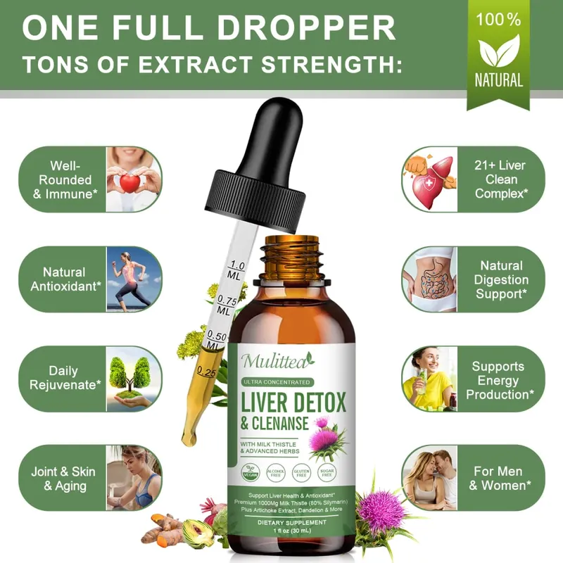 Mulittea Kapky pro zdraví jater s ostropestřcem mariánským a artyčokem - 60 ml bylinná směs se silymarinem Pampeliška kurkuma a berberin pro čištění jater Detox Repair & každodenní podpora