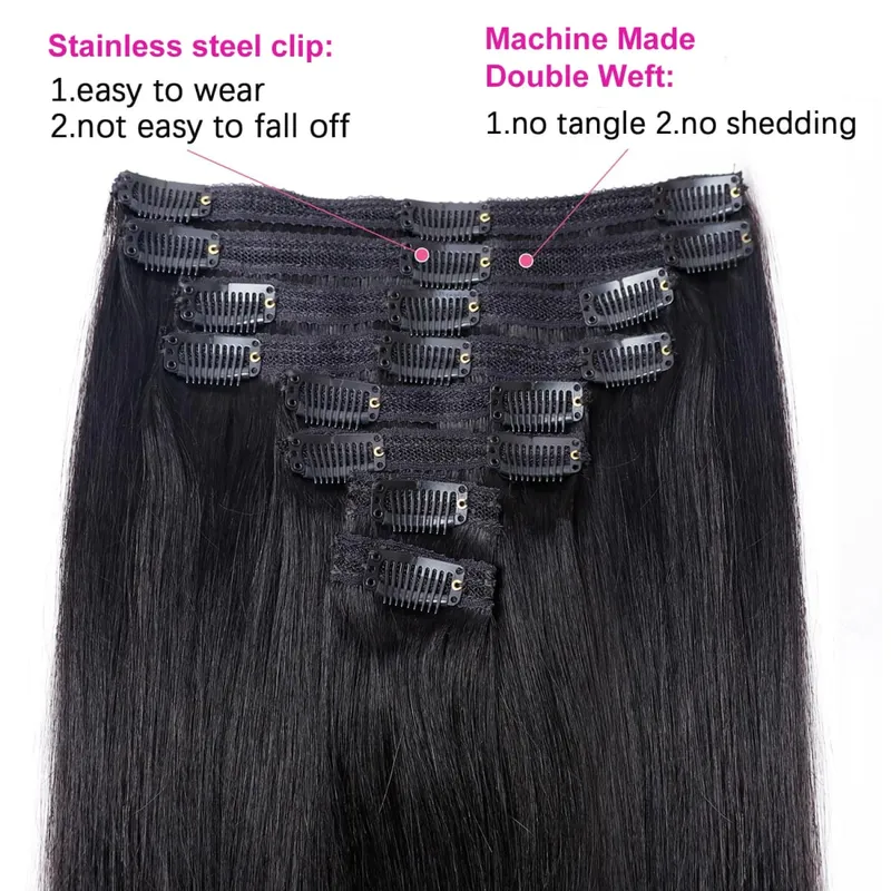 Gerade Clip-in-Echthaarverlängerungen, braune, unverarbeitete Haarverlängerungen, voller Kopf, brasilianisches Haar, nahtlose Clip-Ins-Verlängerung — image 4