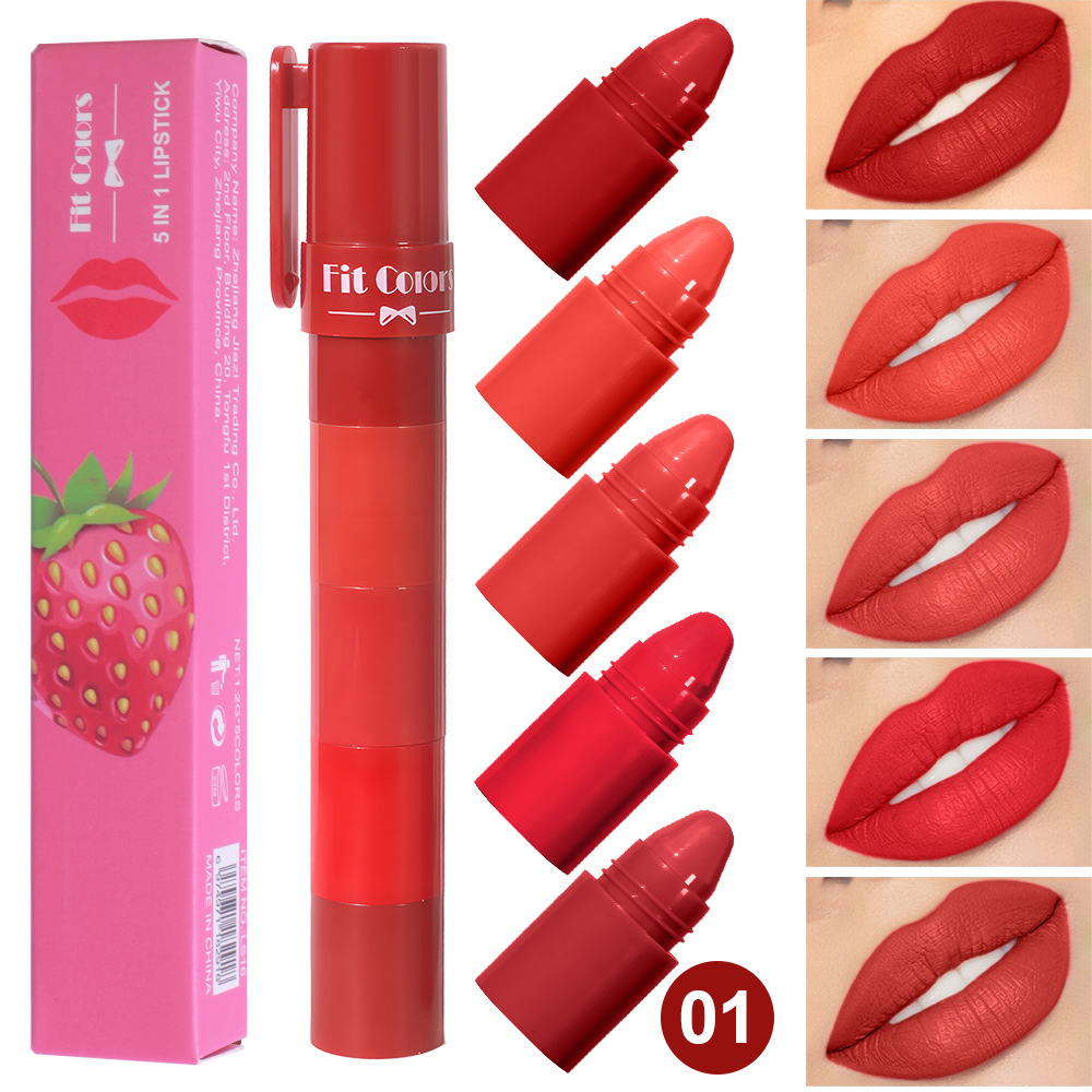 5-in-1 Fruit Velvet Matte Lippenstift-Set, langanhaltender, hochpigmentierter, feuchtigkeitsspendender Lippenbalsam, sanfte Anwendung für weiche Lippen