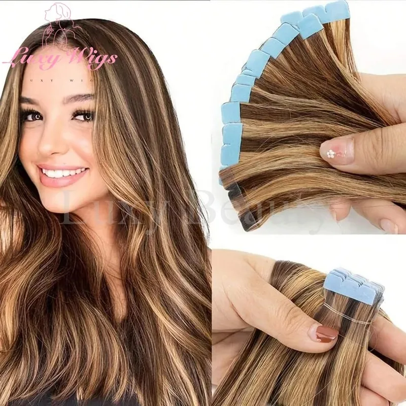 In evidenza Mini nastro marrone nelle estensioni dei capelli umani Mini nastro invisibile senza cuciture su doppio lato biondo nero naturale nei capelli 10 pezzi — image 2