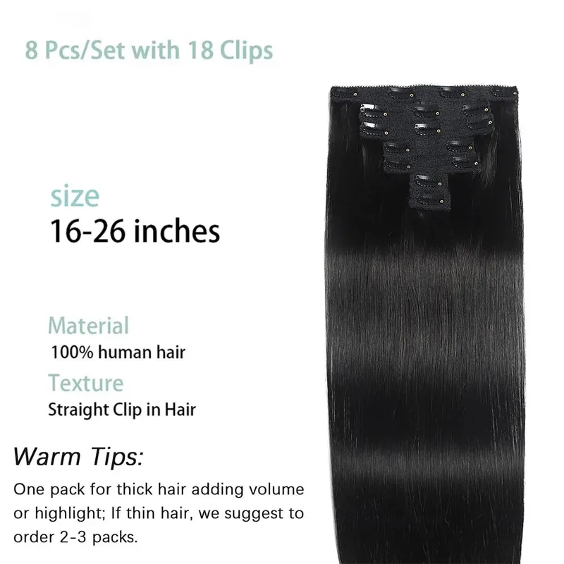 Clip de cheveux humains droits dans les extensions de cheveux 100% non transformés pleine tête cheveux vierges brésiliens couleur noire naturelle 8 pièces avec 120G — image 2