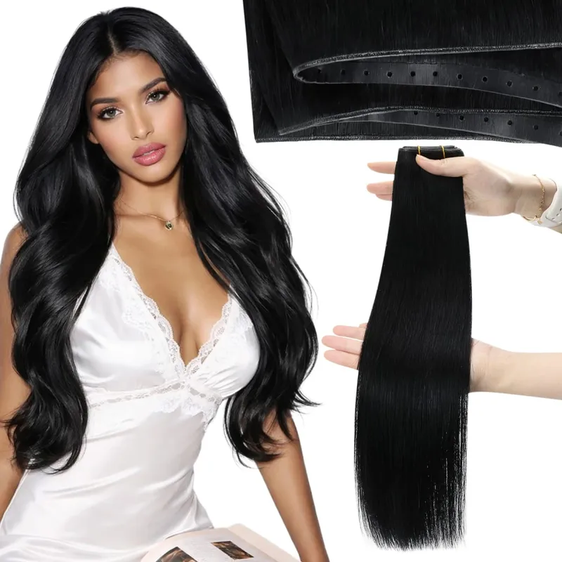 Moresoo Butterfly Weft Echthaar-Extensions, PU-Loch, gerade, Extensiones De Cabello Humano, Pu-Loch-Weft für Frauen und Party