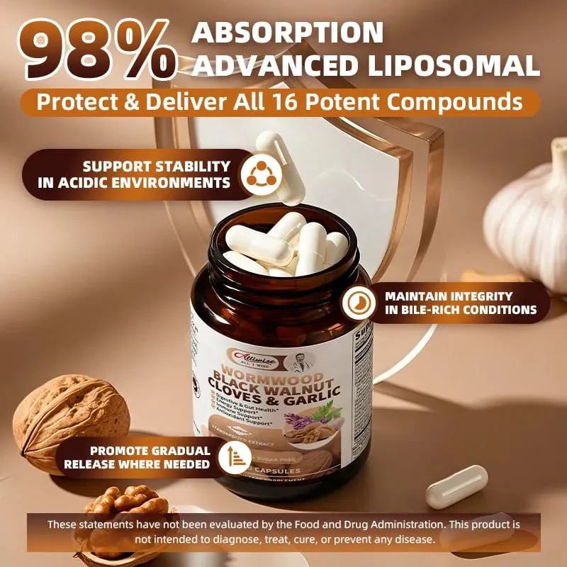 Alliwise Capsule di assenzio di noce nera 16 in 1 per una rapida pulizia dell'intestino e salute dell'apparato digerente con spicchi d'aglio, curcuma, consegna liposomiale, assorbimento del 98%, Vegano senza glutine — image 4