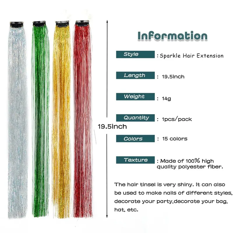 ขายส่ง 5 ชิ้น/แพ็คประกายเงาต่อผมคลิปใน Sparkle ผมเงา Tinsel Rainbow Shiny Sparkle ผม Tinsel สีชมพู/ สีแดง — image 4