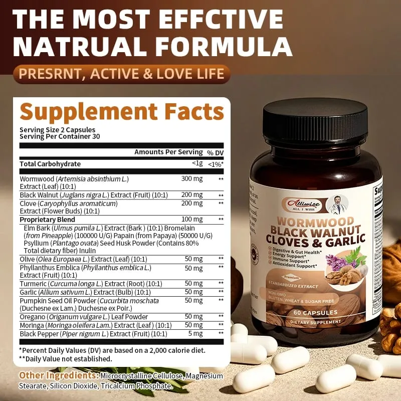 Alliwise Capsule di assenzio di noce nera 16 in 1 per una rapida pulizia dell'intestino e salute dell'apparato digerente con spicchi d'aglio, curcuma, consegna liposomiale, assorbimento del 98%, Vegano senza glutine — image 1