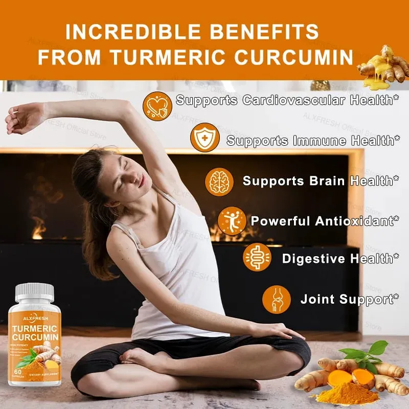 Curcumin Kapslar Kraftiga antiinflammatoriska effekter Lindrar ledsvullnad Stelhet Långsamt åldrande Förbättra humör Främja matsmältningen — image 3