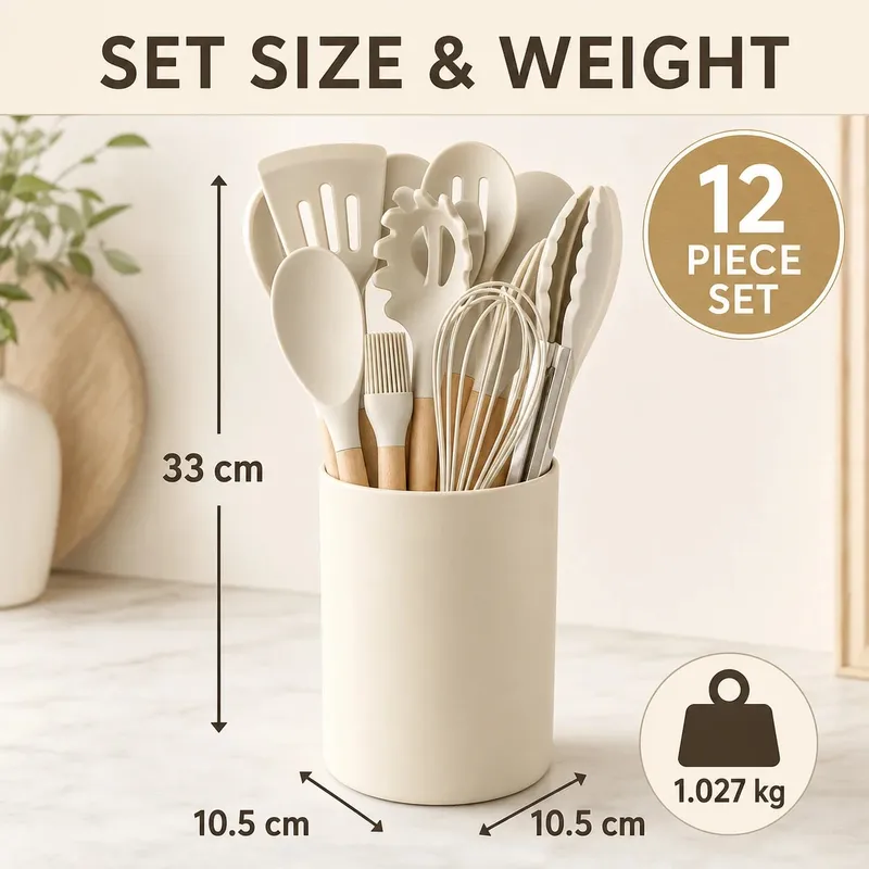 12PCS Set Perkakas Dapur Silikon dengan Pemegang - Set Alat Memasak Pemegang Kayu Tahan Panas Tahan Panas dengan Spatula Pemukul Penyepit & Sudu untuk Keperluan Rumah — image 3