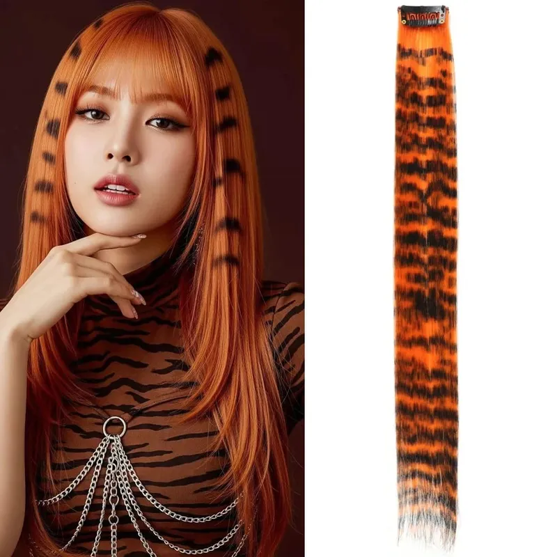 1pc/2pcs/3pcs/4pcs/6pcs/8pcs18 "lungo rettilineo stampa zebrata clip di piume sintetiche nelle estensioni dei capelli ideale Halloween Natale — image 18