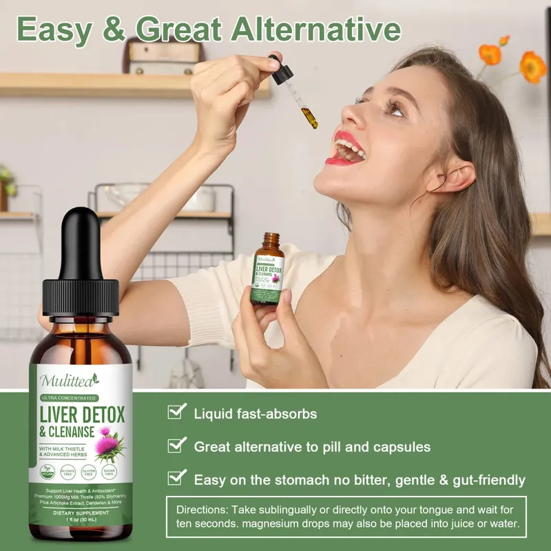 Mulittea Kapky pro zdraví jater s ostropestřcem mariánským a artyčokem - 60 ml bylinná směs se silymarinem Pampeliška kurkuma a berberin pro čištění jater Detox Repair & každodenní podpora