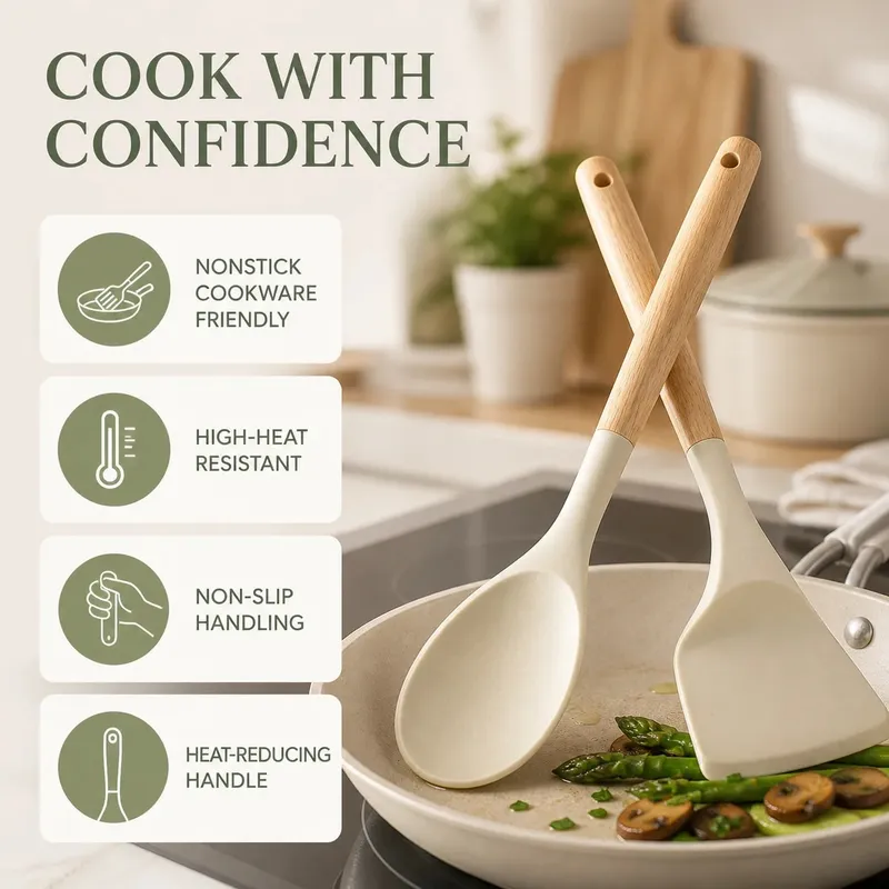 12PCS Set Perkakas Dapur Silikon dengan Pemegang - Set Alat Memasak Pemegang Kayu Tahan Panas Tahan Panas dengan Spatula Pemukul Penyepit & Sudu untuk Keperluan Rumah — image 4