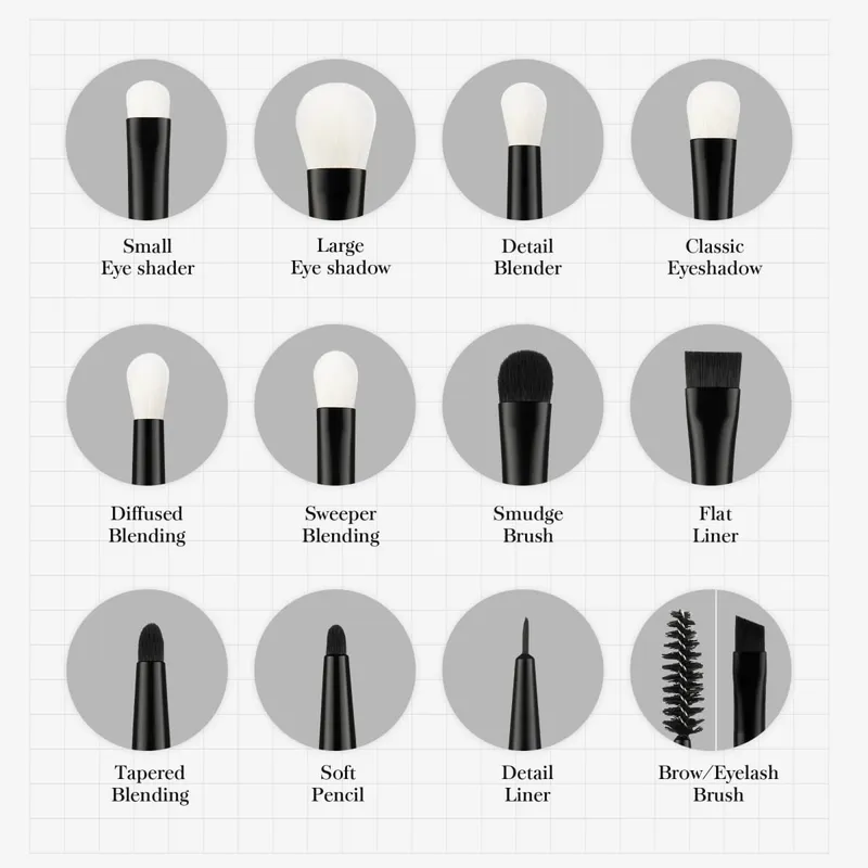 Jessup Augen-Make-up-Pinsel-Set, Lidschatten-Pinsel-Set, Blending Eyeliner, Augenbrauen, Wimpern, Schatten, Spoolie, 12 Stück, gemischtes Haar, Schwarz, T322