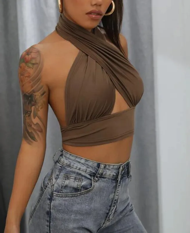 Frauen Sommer Tank Tops Solide Kreuz Halter Camis Backless Crop Tops Weibliche Leibchen Abgeschnitten Top Schlank Ärmellose Streetwear — image 7