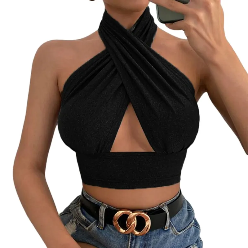 Frauen Sommer Tank Tops Solide Kreuz Halter Camis Backless Crop Tops Weibliche Leibchen Abgeschnitten Top Schlank Ärmellose Streetwear