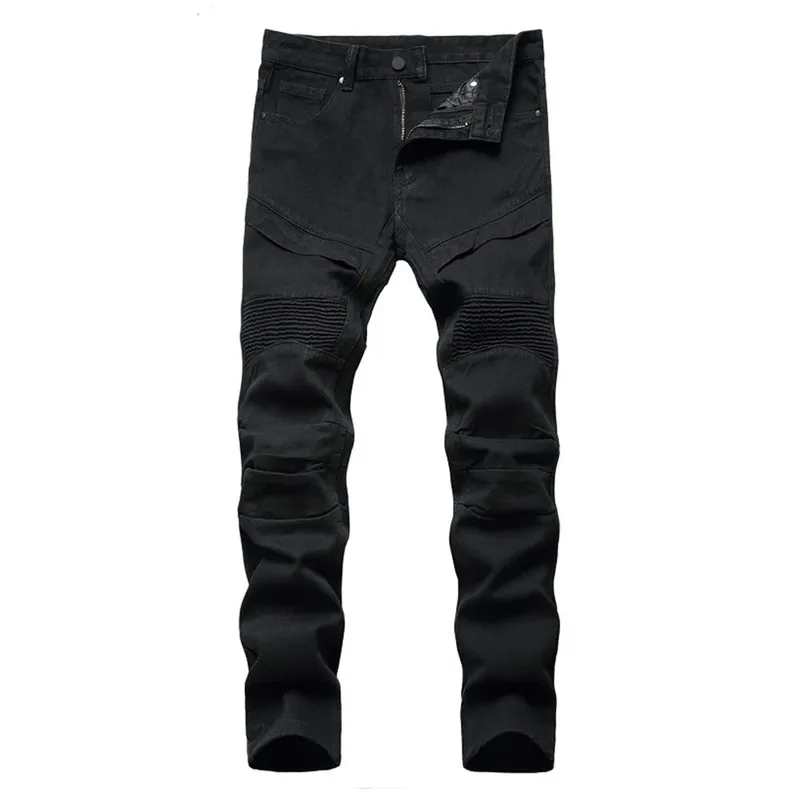 Men's Biker Jeans Black White Pleated Denim Pants Plus Size Slim Straight Classic Trousers — image 2