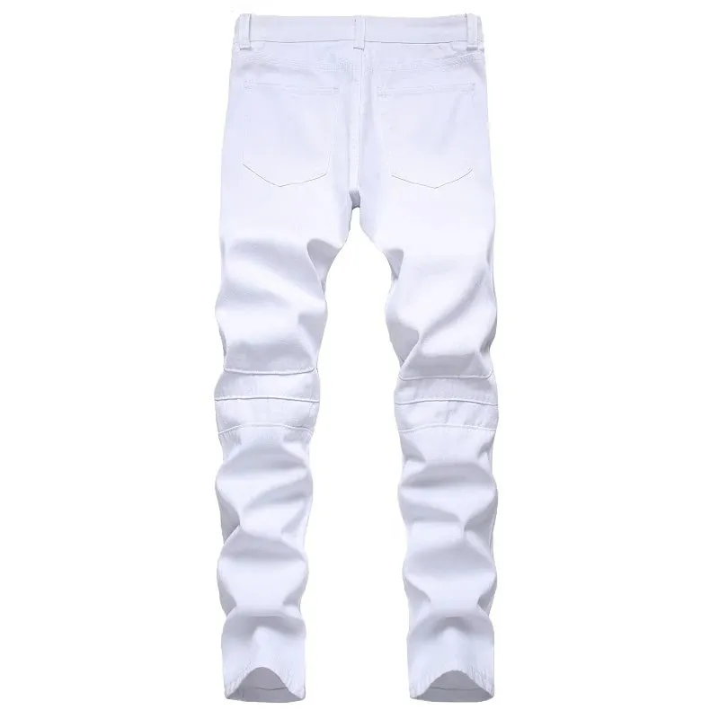 Men's Biker Jeans Black White Pleated Denim Pants Plus Size Slim Straight Classic Trousers — image 4
