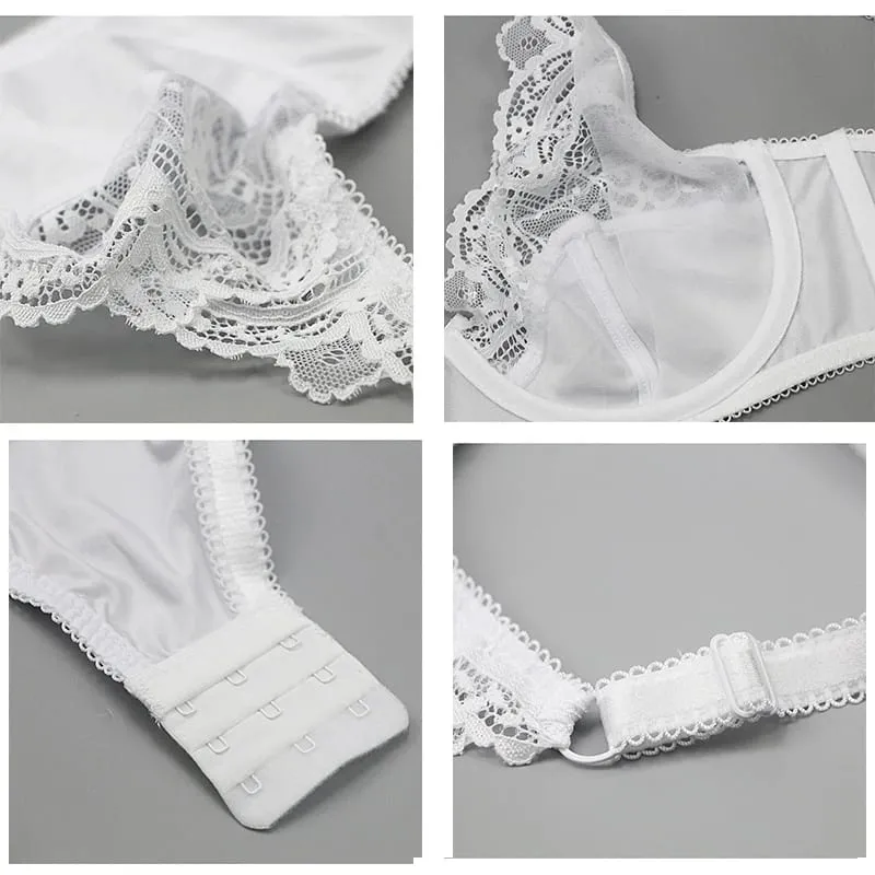 Sexy dentelle grande taille femme Lingerie Transparent mince épais BCDE tasse soutien-gorge ensembles respirant femmes culotte de sous-vêtements slips — image 3