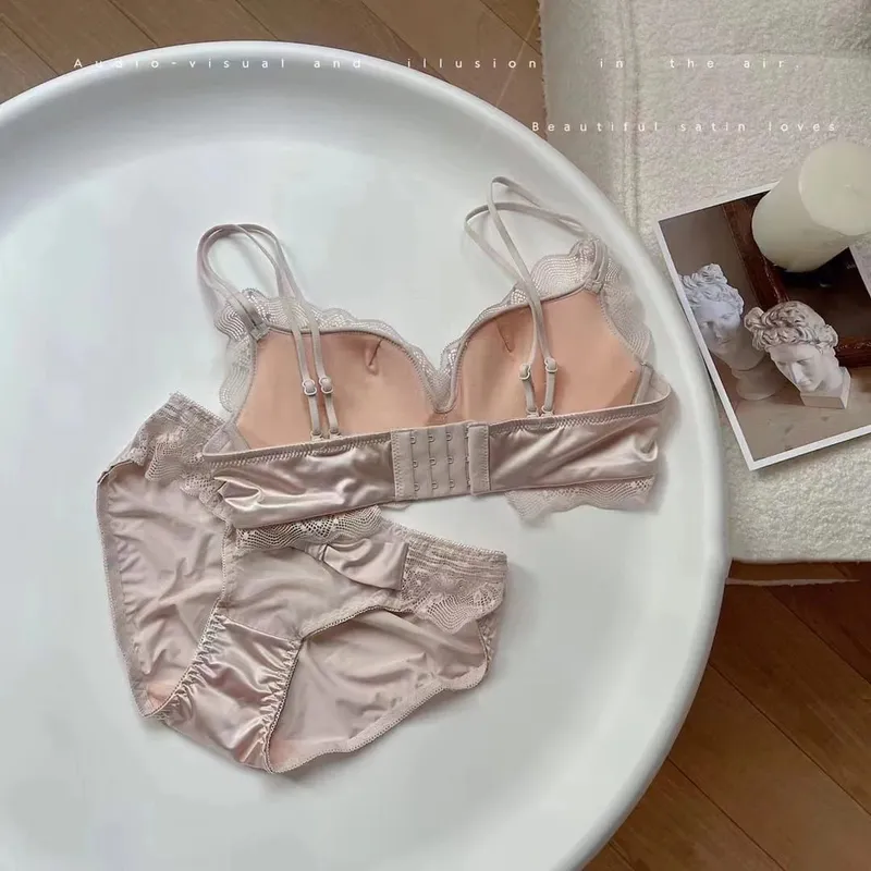 Set di biancheria intima sexy in lattice di raso di pizzo, cotone sottile, traspirante, confortevole, per seni piccoli, abiti di lingerie, bellissimo reggiseno intimo posteriore — image 5
