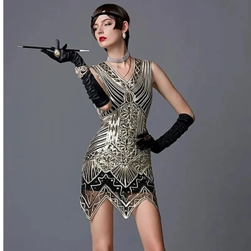 1920er-Jahre-Damenkleid mit Pailletten und dreieckigem Saum, ärmellos, Goldfaden-Stickerei, Quaste, Gatsby-Partykleid — image 1