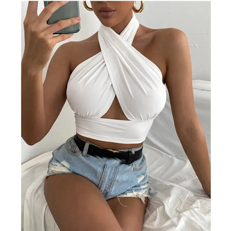Frauen Sommer Tank Tops Solide Kreuz Halter Camis Backless Crop Tops Weibliche Leibchen Abgeschnitten Top Schlank Ärmellose Streetwear — image 5