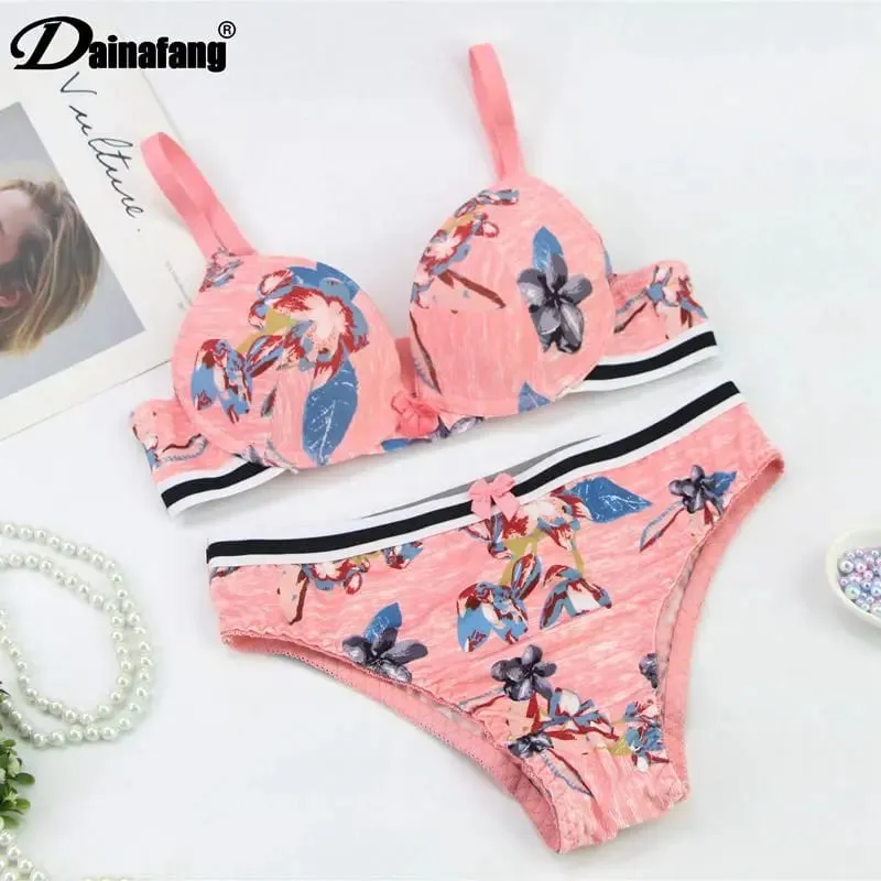 DaiNaFang 2 ชิ้น BCDE ถ้วย Bras ชุด Push Up ชุดชั้นในชุดสตรีเย็บปักถักร้อย Bralette Underwire Breathable เลดี้ชุดชั้นใน — image 1