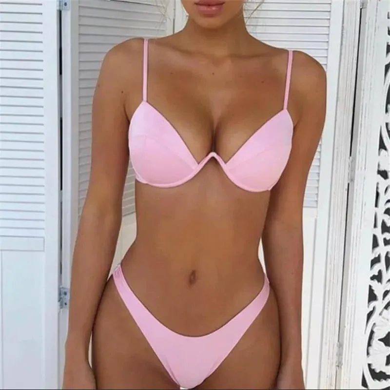 Dámské 2ks bikini soupravy jednobarevné drátěná vycpávka na zádech přezka ve tvaru V podprsenka trojúhelník vysoký pas kalhotky letní plavky spodní prádlo — image 9