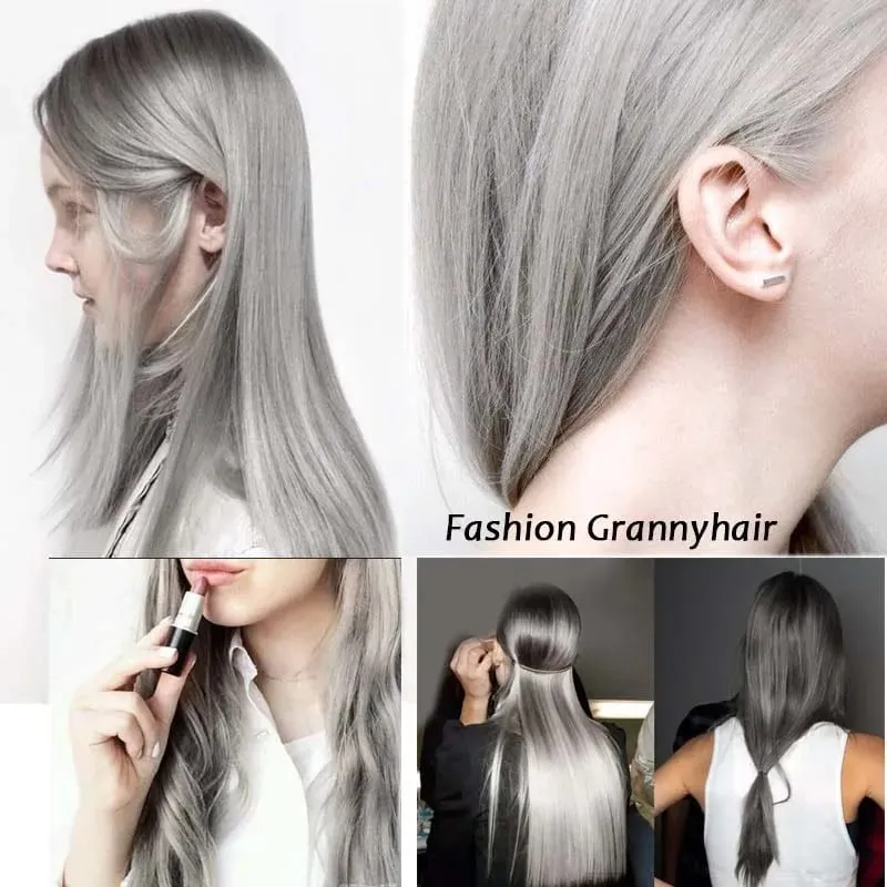 Clip in One Piece Wavy Synthetic Hair Extension Long Straight Synthetic Black Gray Color GreyHairpieces — image 6